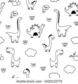 Vector seamless pattern-coloring book with dinosaurs. Cartoon style.