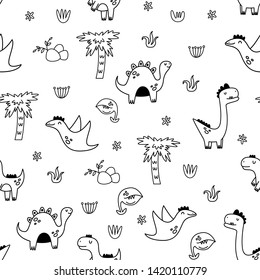 Vector seamless pattern-coloring book with dinosaurs. Cartoon style.
