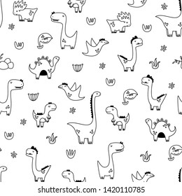 Vector seamless pattern-coloring book with dinosaurs. Cartoon style.