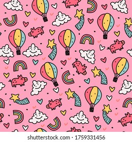 Vector seamless pattern-cute background with icons. Print for teenagers. Pink textiles.