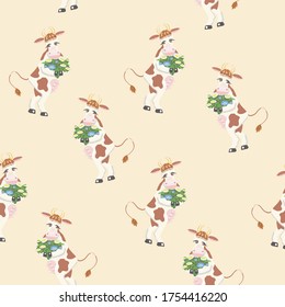 Vector de patrones sin costura.Vaca de dibujos animados con flores