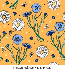 Vector seamless pattern-cute cornflowers and daisies with bees. Floral summer background.
