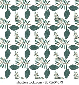 Vector seamless pattern,deciduous green with blue abstract pattern, hand-drawn. Decorative design for fabrics, textiles, prints