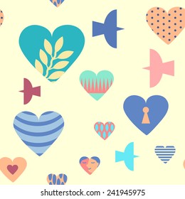 Vector seamless  patterned fill with hearts and birds, easy to redact