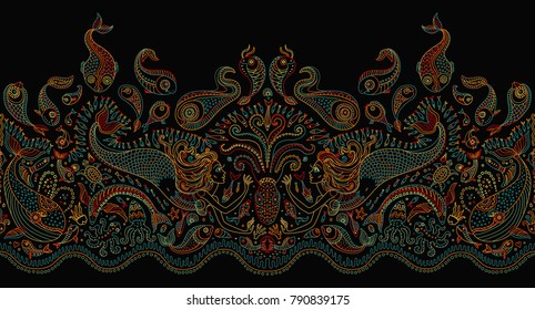 Vector seamless pattern.Fantasy mermaid, octopus, fish, sea animals colorful contour thin line drawing with ornaments on a black background. Embroidery border, wallpaper, textile print, wrapping paper