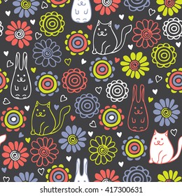 Vector seamless pattern.Funny animals and flowers are painted by hand. Bright colorful designs on a dark gray background.  Can be used for Wallpaper, fabrics, packaging.