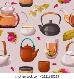 Vector seamless pattern.Illustration of different teapots kettles like black iron,transparent glass,white porcelain ceramic,brown clay,the same cups mugs with tea and leaves,jasmine,roses isolated.