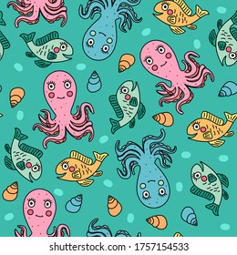 Vector seamless pattern-marine style. Cartoon octopuses and fish. Children's illustrated background.