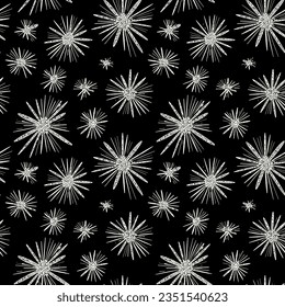 Vector seamless pattern.Monochrome  exploding spots. Modern repeating texture. Fancy starry print. Stylized fireworks for holiday design.