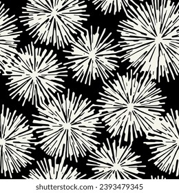 Vector seamless pattern.Monochrome  exploding spots. Modern repeating texture. Fancy starry print. Stylized fireworks for holiday design.