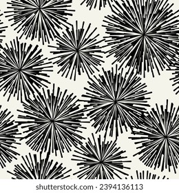 Vector seamless pattern.Monochrome  exploding spots. Modern repeating texture. Fancy starry print. Stylized fireworks for holiday design.