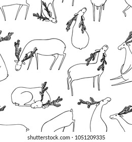 Vector seamless patternof hand drawn cute deers. Beautiful ink drawing, sketch style. Perfect design elements, animal illustration