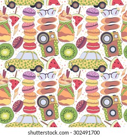 Vector seamless pattern.Pattern,set of different travel doodles elements,vacation holiday,romantic and summer things macaroons,car,fruits,camera.Set of travelling symbols.Summer time pattren.