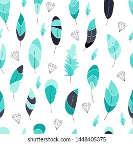 Vector seamless pattern,print with blue,green,turquise feathers and contours of crystals,diamonds,stones,gems.