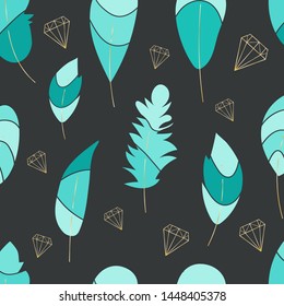 Vector seamless pattern,print with blue,green,turquise feathers and contours of crystals,diamonds,stones,gems.