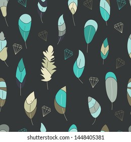 Vector seamless pattern,print with blue,green,turquise feathers and contours of crystals,diamonds,stones,gems.