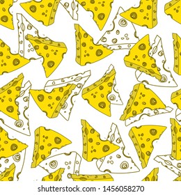 Vector seamless pattern,print with 
pieces of cheese. Fine, colorful design.