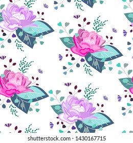 Vector seamless pattern,print,texture with flowers, leaves,branches,greenery. Botanical, floral,herbal composition,set,bouqet.