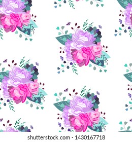 Vector seamless pattern,print,texture with flowers, leaves,branches,greenery. Botanical, floral,herbal composition,set,bouqet.