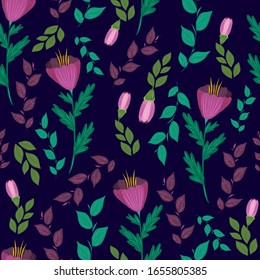 Vector seamless pattern,print,texture,background,wallpaper with pink or violet, purple flowers, buds and leaves, greenery, foliage on the dark colored background.