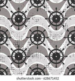 Vector seamless patterns Background with steering wheel, waves Creative geometric vintage backgrounds, nautical theme Graphic illustration with attrition, cracks and ambrosia