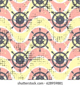 Vector seamless patterns Background with steering wheel, waves Creative geometric vintage backgrounds, nautical theme Graphic illustration with attrition, cracks and ambrosia