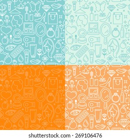 Vector seamless patterns with beauty related icons and signs - backgrounds 