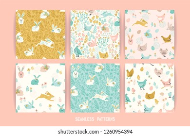 Vector seamless patterns with bunnies and chicken for Easter and other users. Design element.