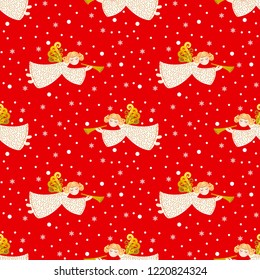 Vector seamless patterns. Christmas angel with a trumpet