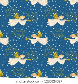 Vector seamless patterns. Christmas angel with a trumpet