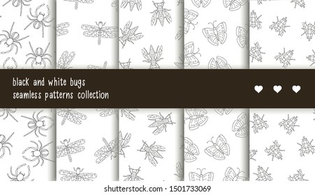 Vector seamless patterns collection of black and white insects. Set of repeat backgrounds with isolated monochrome spider, dragonfly, fly, butterfly, wasp. Good for clothes for teenagers, stationery