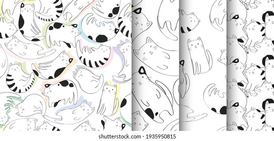 Vector seamless patterns collection with black and white hand drawn cute cats isolated on white background. Design for t-shirt print, fabric, wallpaper, card