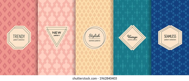 Vector seamless patterns. Collection of colorful background swatches with elegant minimal labels. Argyle pattern, diamond ornament. Abstract geometric textures. Blue, turquoise, yellow, pink color