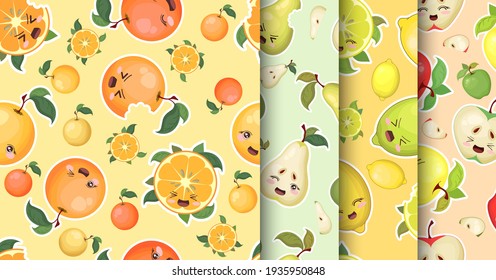 Vector seamless patterns collection of cute cartoon colorful fruits apples, pears, oranges, lemons and limes. Design for t-shirt print, fabric, wallpaper, card