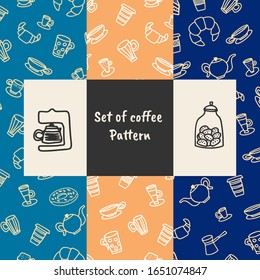Vector seamless patterns collection with kitchenware and coffee elements. Design for restoraunt, cafe, coffee shop. Decorative background for cards, invitations, web design. Swatches included.