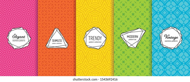 Vector seamless patterns collection. Set of colorful geometric background swatches with modern minimal labels. Cute ornamental textures with diamonds, stars, grid. Pink, orange, yellow, green, blue