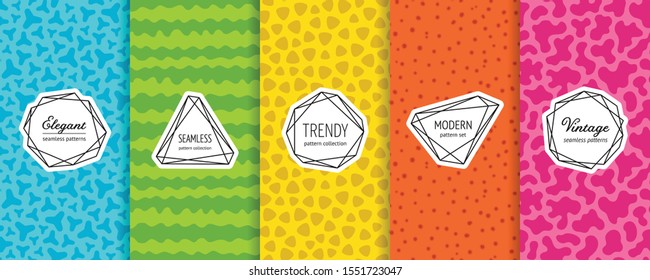 Vector seamless patterns collection. Set of colorful geometric backgrounds with minimal labels. Modern funky textures. Memphis fashion style. Cool childish design. Pink, orange, yellow, green, blue