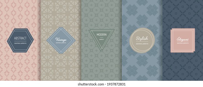 Vector seamless patterns collection. Set of abstract geometric textures in trendy pastel colors, powdery, green, blue. Elegant modern minimal labels. Design template for decor, print, banner, ads