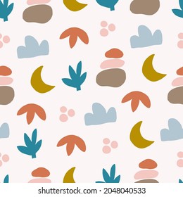 Vector seamless patterns with colorful abstract modern shape leaves. Hand drawn contemporary trendy flat illustration. Geometric drawings on white background. For print, wall art, textile.