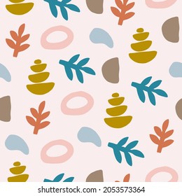 Vector seamless patterns with colorful abstract modern shape, leaves. Hand drawn contemporary trendy flat illustration. Geometric drawings on white background. For print, wall art, textile.