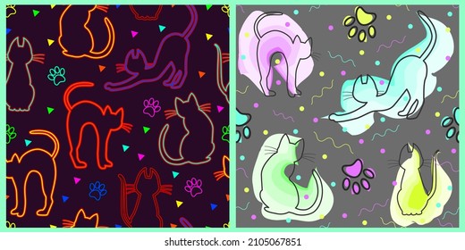 Patrones de vectores sin fisuras. Los contornos de los gatos se llenan de pinceladas de pincel en colores brillantes sobre un fondo oscuro y aislado. 