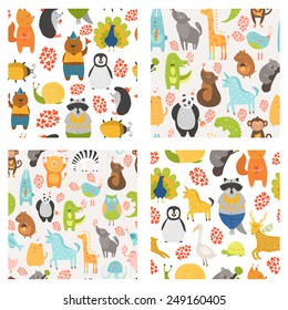 Vector seamless patterns with cute animals. Collection zoo backgrounds with cat, dog, owl, rabbit, bear, panda, monkey, alligator, bird,unicorn, lion, koala an more