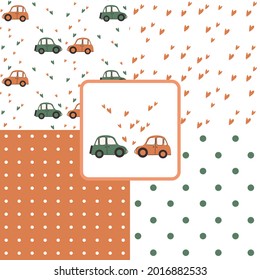 Vector seamless patterns with cute cars set. Illustrations in vintage style with polka dot and hearts. Hand-drawn print.
