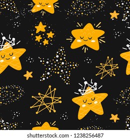 Vector seamless patterns with cute cartoon characters, stars in the Space. Star, crown, constellation. Good night, sweet dreams illustration. For children design