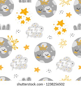 Vector seamless patterns with cute cartoon characters, girls planets in the Space. Planet, star, cloud, constellation. Good night, sweet dreams illustration. For children design