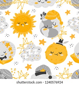 Vector seamless patterns with cute cartoon characters, planet, sun, moon, star, cloud, constellation. Good night, sweet dreams illustration. For children design