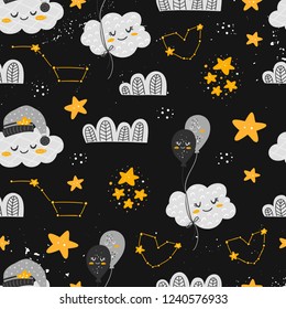 Vector seamless patterns with cute cartoon characters, cloud, star, balloon, constellation in the Space. Good night, sweet dreams illustration. For children design