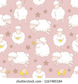 Vector seamless patterns with cute cartoon sheep with stars. Animals pink seamless background pattern. Good night, sweet dreams illustration. Hand drawn baby clothes design vector illustration.