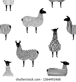 Vector seamless patterns of cute llama or alpaca . Hand-drawn vector illustration.