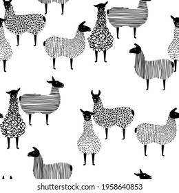 Vector seamless patterns of cute llama or alpaca.Hand-drawn vector illustration.